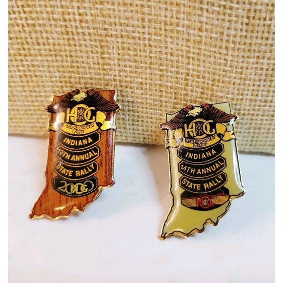 2 Vtg Harley Indiana Motorcycle 13th and 14th State Rally Label Pins - Picture 1 of 4